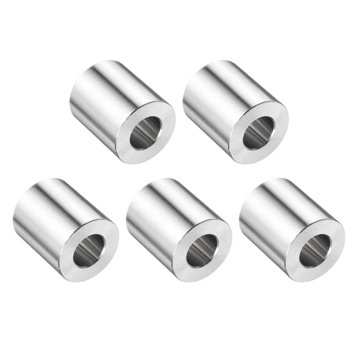 Stainless steel spacer set of 5, silver cylindrical sleeves with central bore