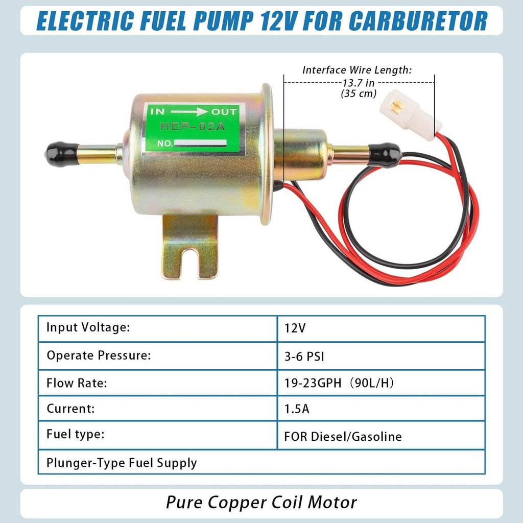 12V low-pressure electric fuel transfer pump with wiring harness and specs panel
