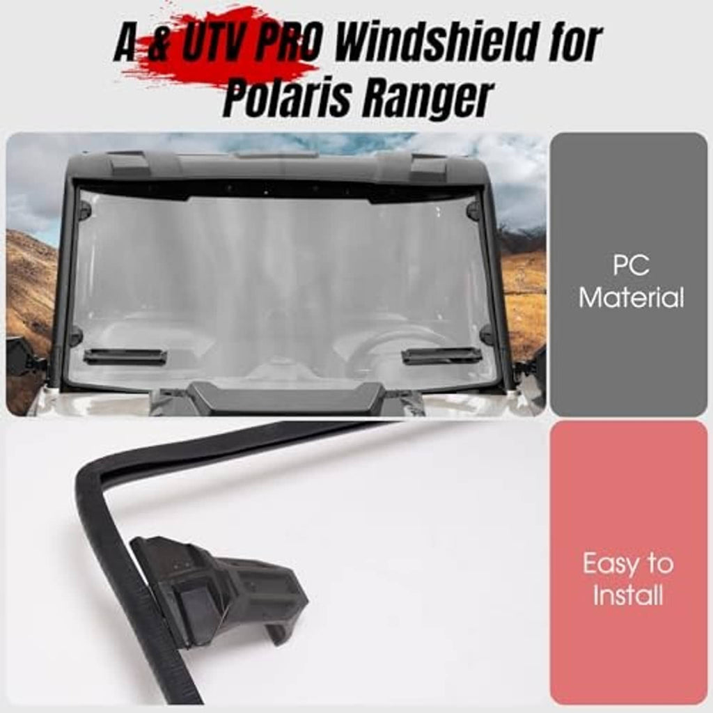 Front UTV windshield kit with dark frame, clear tinted panel, and mounting bracket