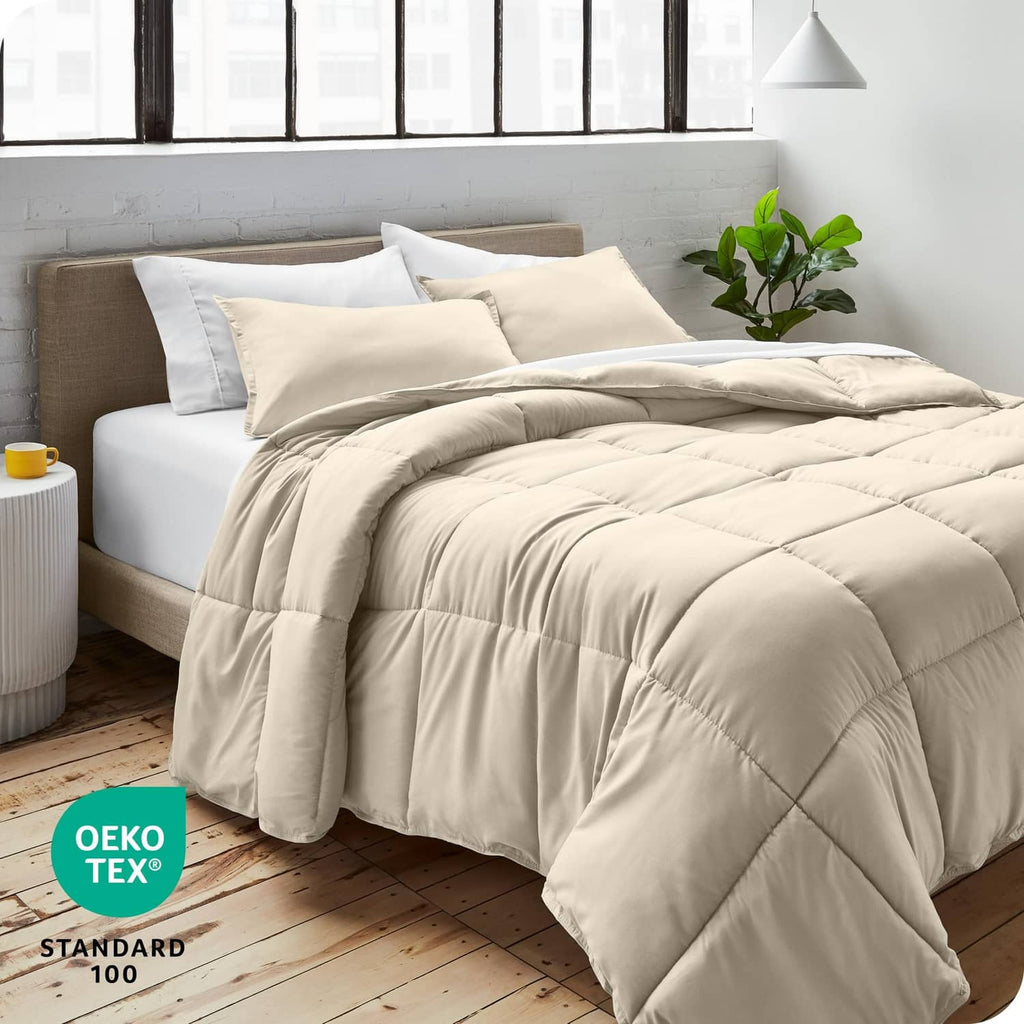 Full size cream comforter and pillow shams set with baffle quilting for all-season comfort