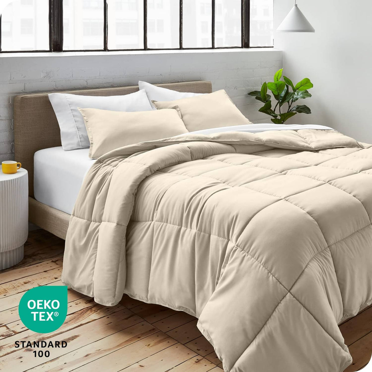 Full size cream comforter and pillow shams set with baffle quilting for all-season comfort