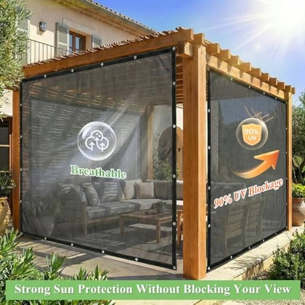 Black shade cloth privacy screen stretched on wooden frame with grommets