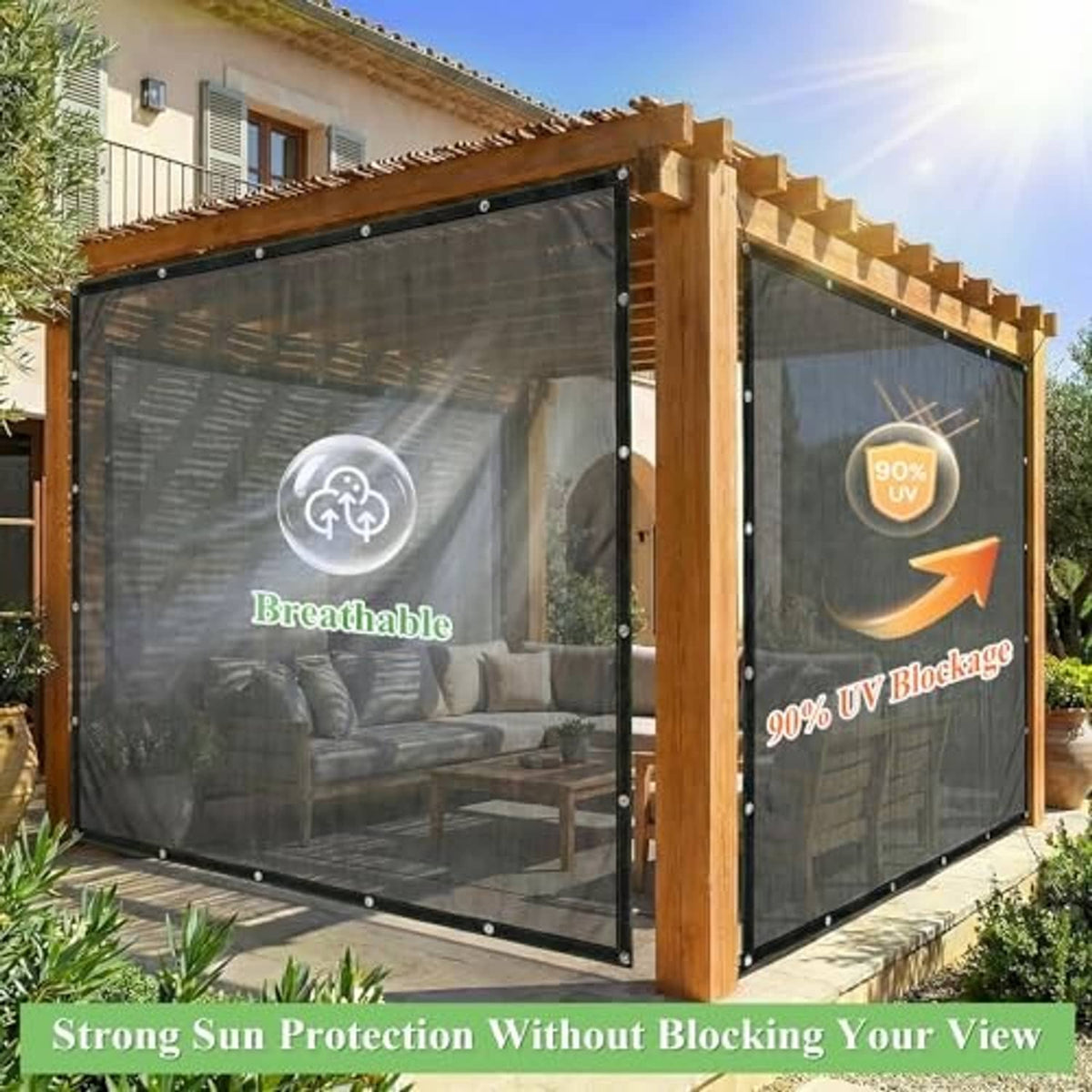 Black shade cloth privacy screen stretched on wooden frame with grommets