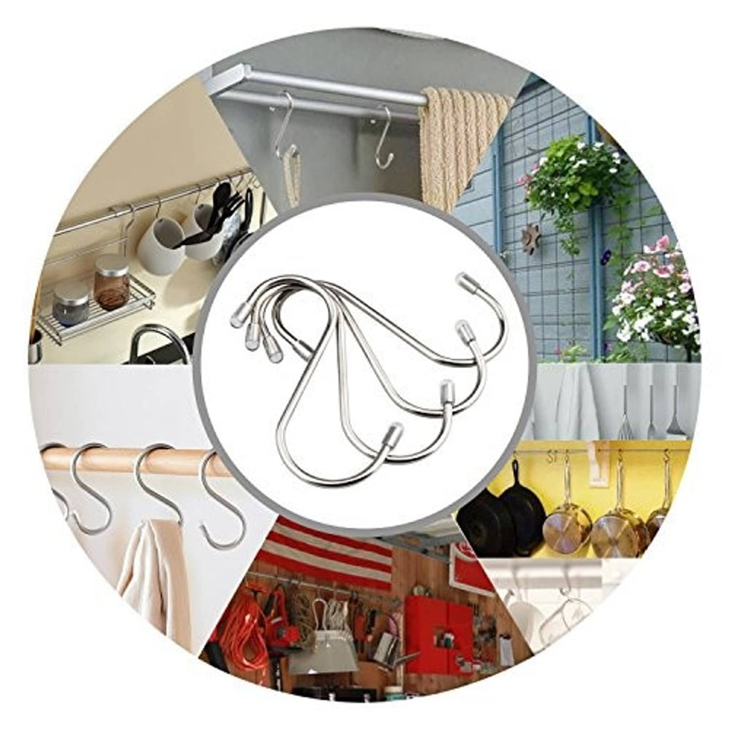 Stainless S-shaped hooks shown in multiple kitchen and home hanging uses