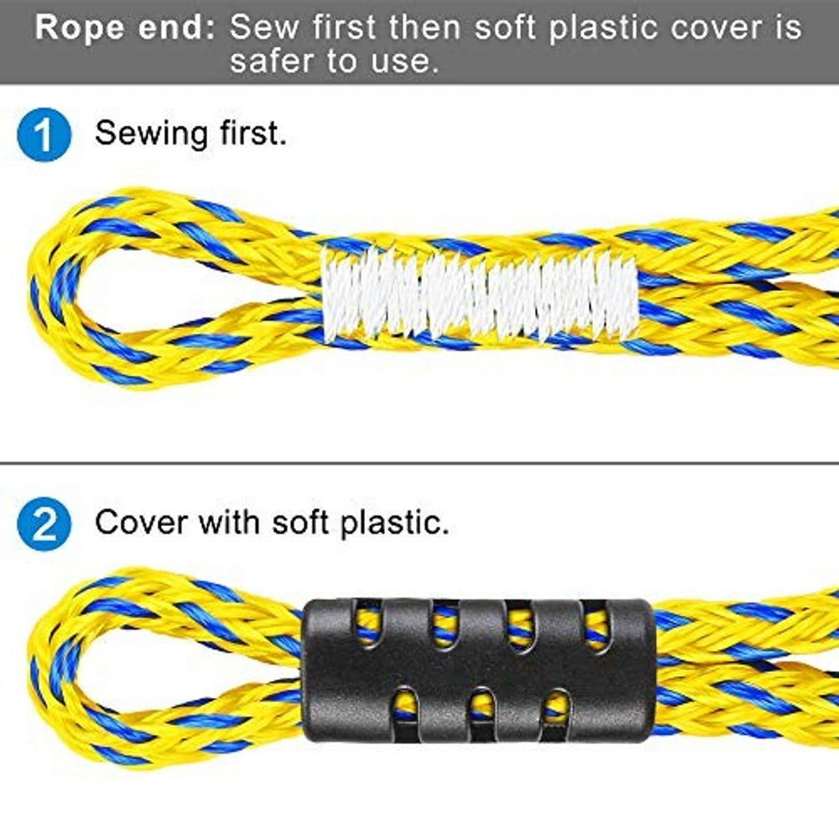 Braided yellow and blue tow rope end with white stitching and black soft plastic cover