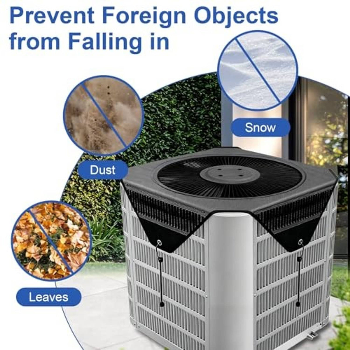 Outdoor AC unit cover with black mesh top over fan and gray ventilated side panels