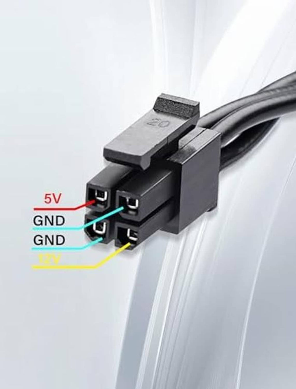 Adapter cable 4-pin end with labeled 5V, GND, and 12V power pinout