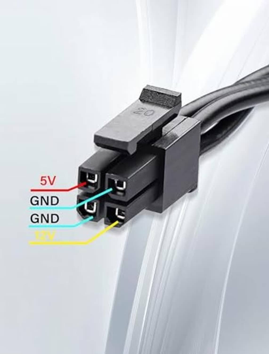 Adapter cable 4-pin end with labeled 5V, GND, and 12V power pinout