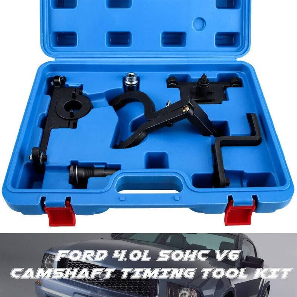 Camshaft timing tool kit in blue plastic case with molded slots and metal parts