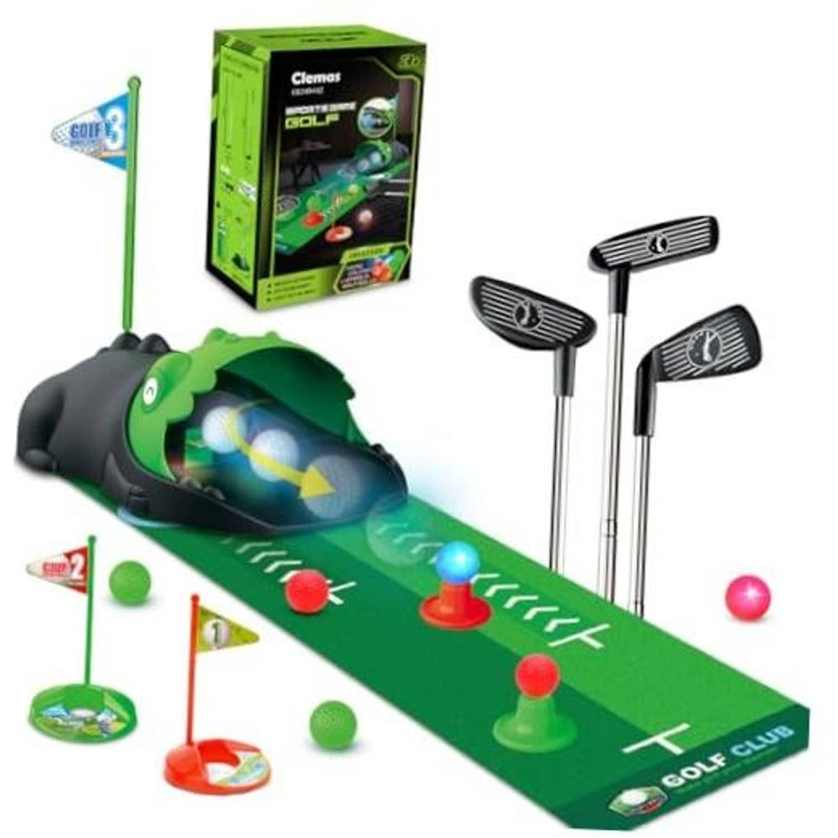 Kids toy golf set with green play mat, dinosaur automatic ball returner, and 3 clubs
