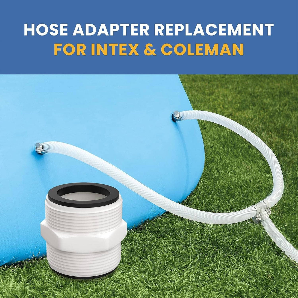 White pool hose union connector with black gasket, attached to pool hose