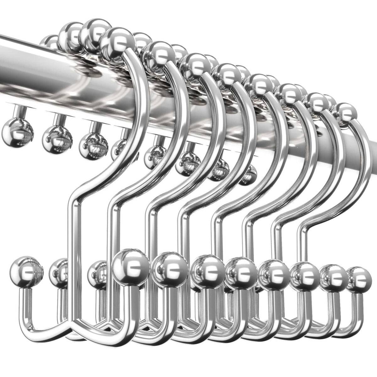 Nickel double-roller shower curtain hooks with chrome ball rollers on a rod