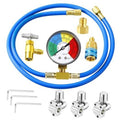 Refrigerant charge hose kit with blue hoses and pressure gauge with brass fittings