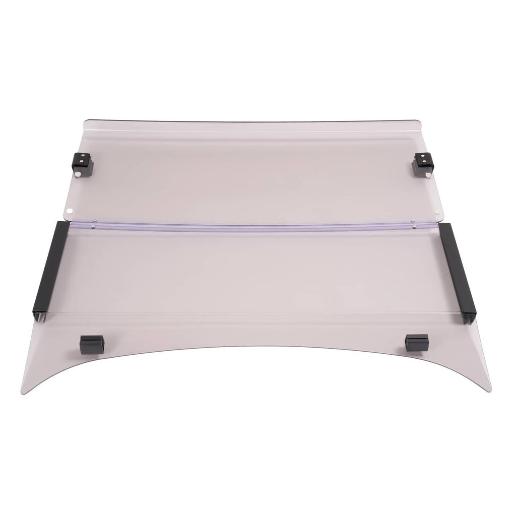 Top view tinted golf cart windshield with black brackets and purple-tinted edge