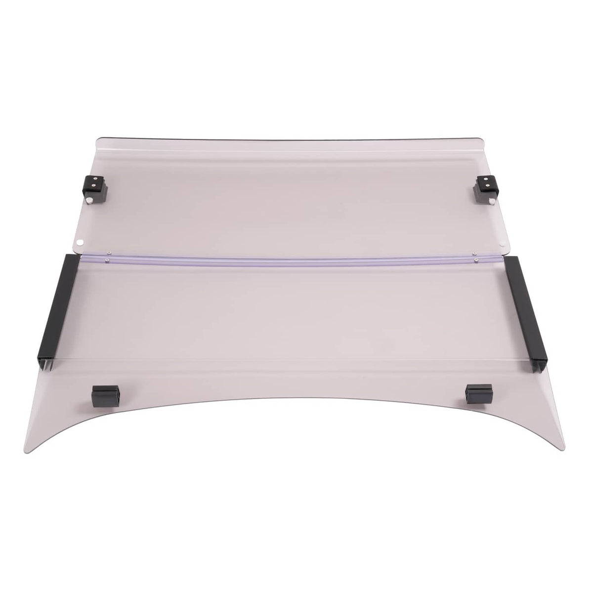 Top view tinted golf cart windshield with black brackets and purple-tinted edge