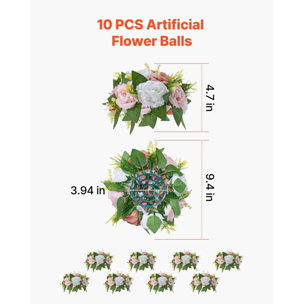 Set of 10 Uimoso pink and white artificial flower balls with rose and leaf details