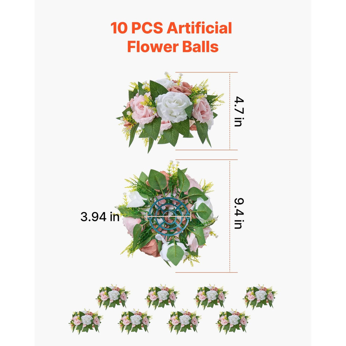 Set of 10 Uimoso pink and white artificial flower balls with rose and leaf details