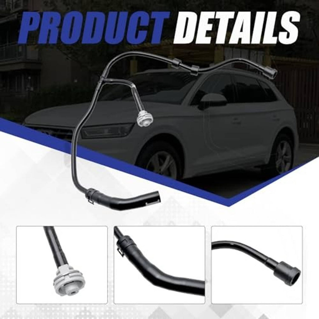 Engine radiator coolant reservoir hose with connectors and visible joint sections