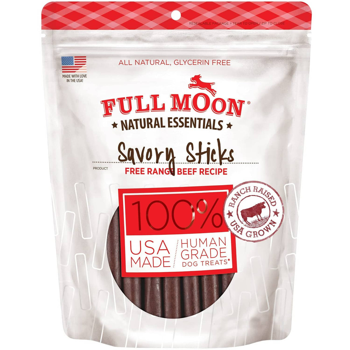 Beef savory stick dog treats in resealable bag, 100% human grade