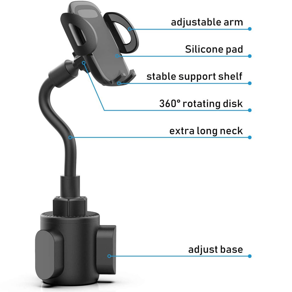 Black adjustable phone holder mount with 360 rotating disk and extra-long neck