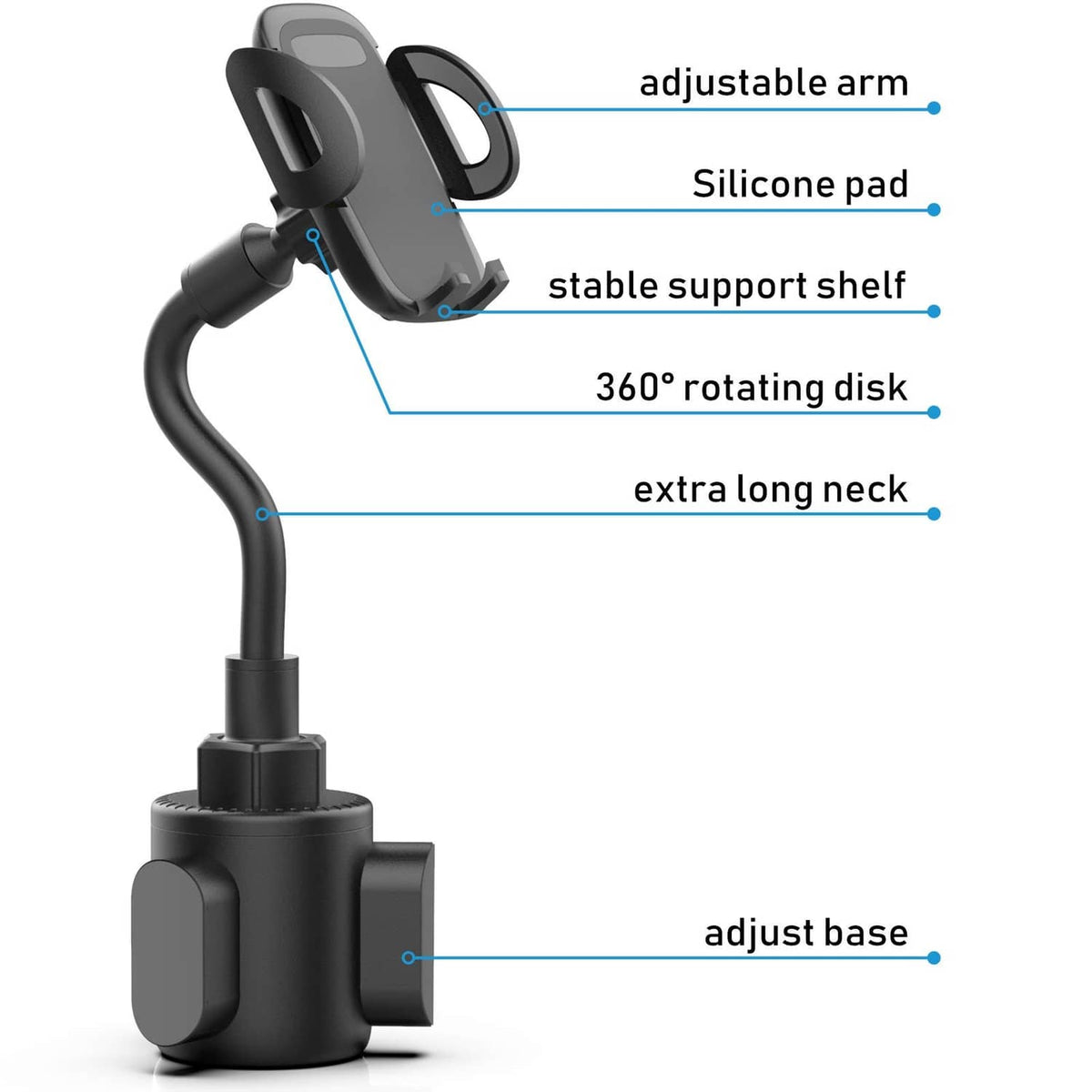 Black adjustable phone holder mount with 360 rotating disk and extra-long neck
