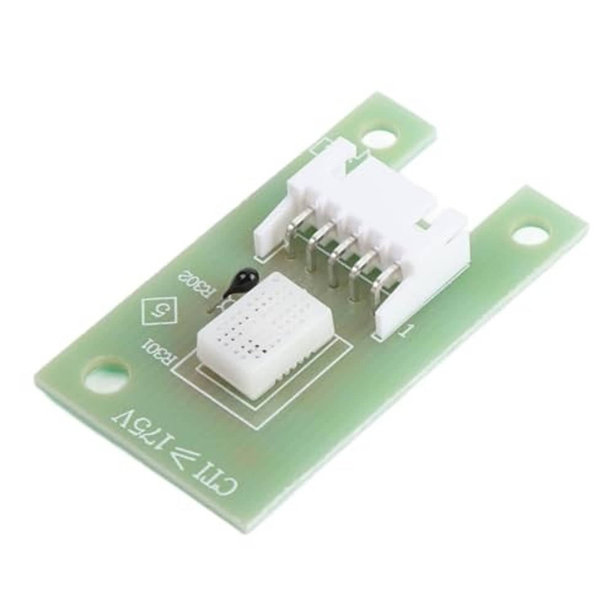 Green humidity sensor PCB underside with metal pins and mounting holes