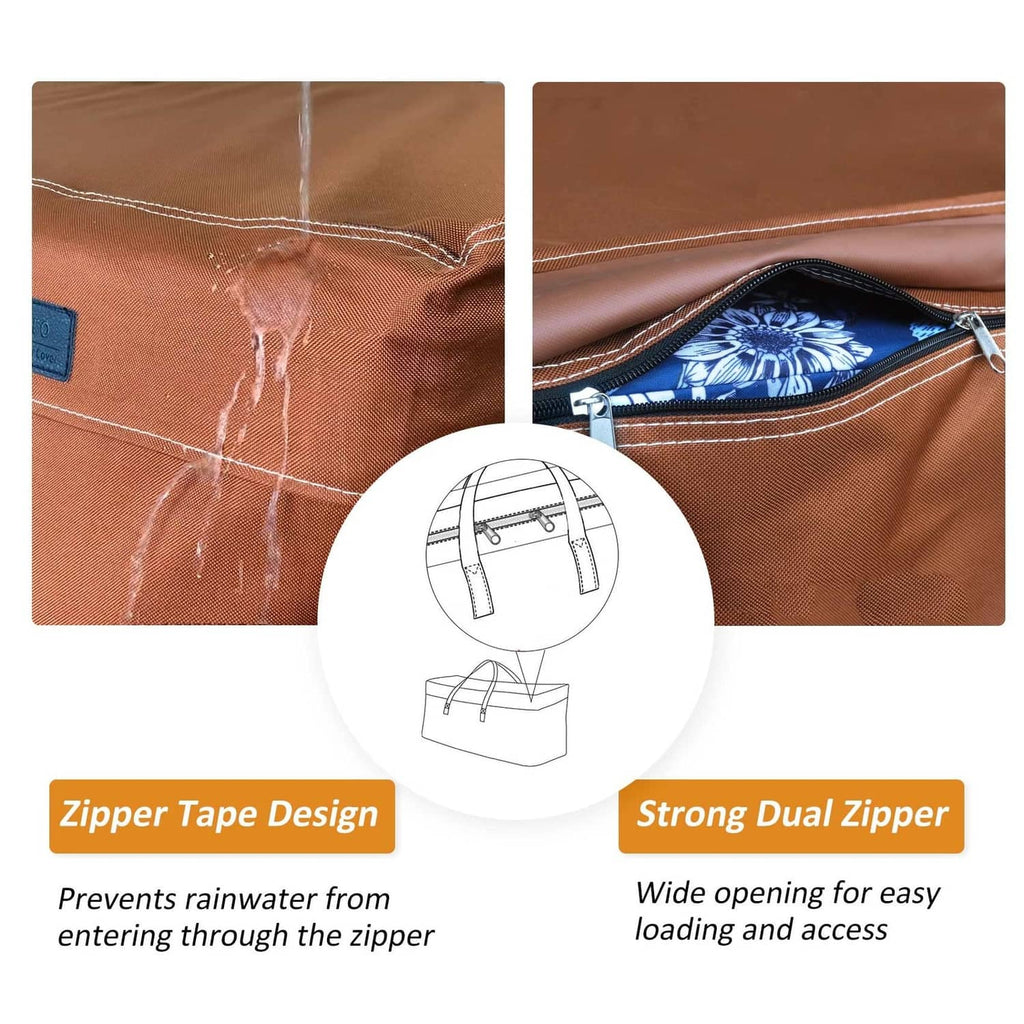 Brown storage bag with zipper tape seam design and reinforced stitching