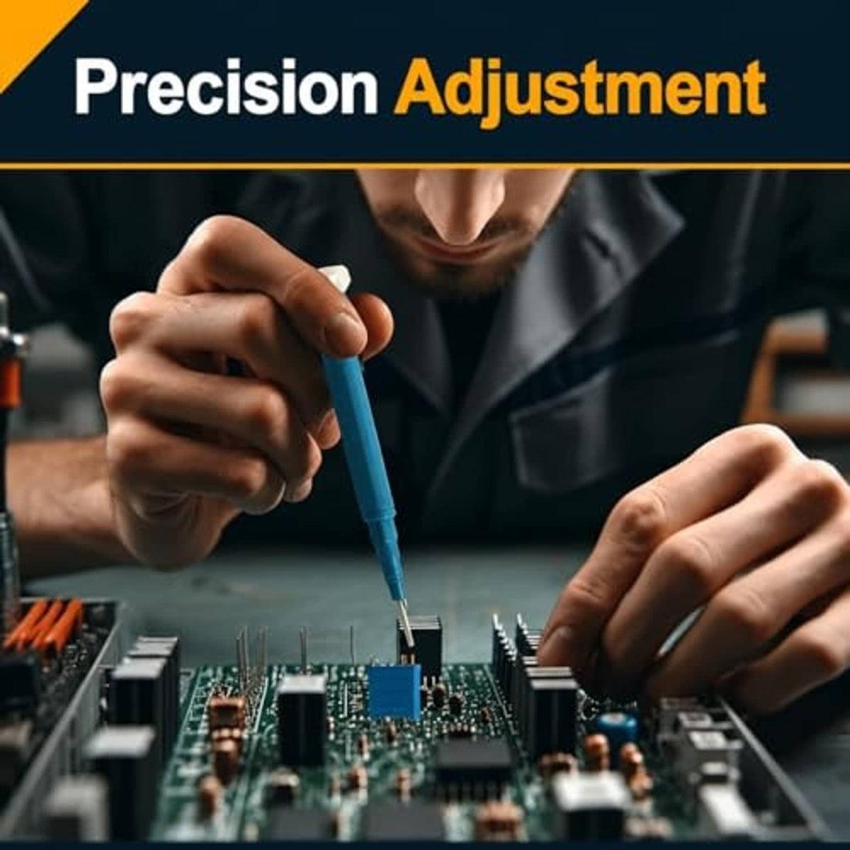 Hand tools adjusting a blue 3296W multiturn trimmer potentiometer on a circuit board