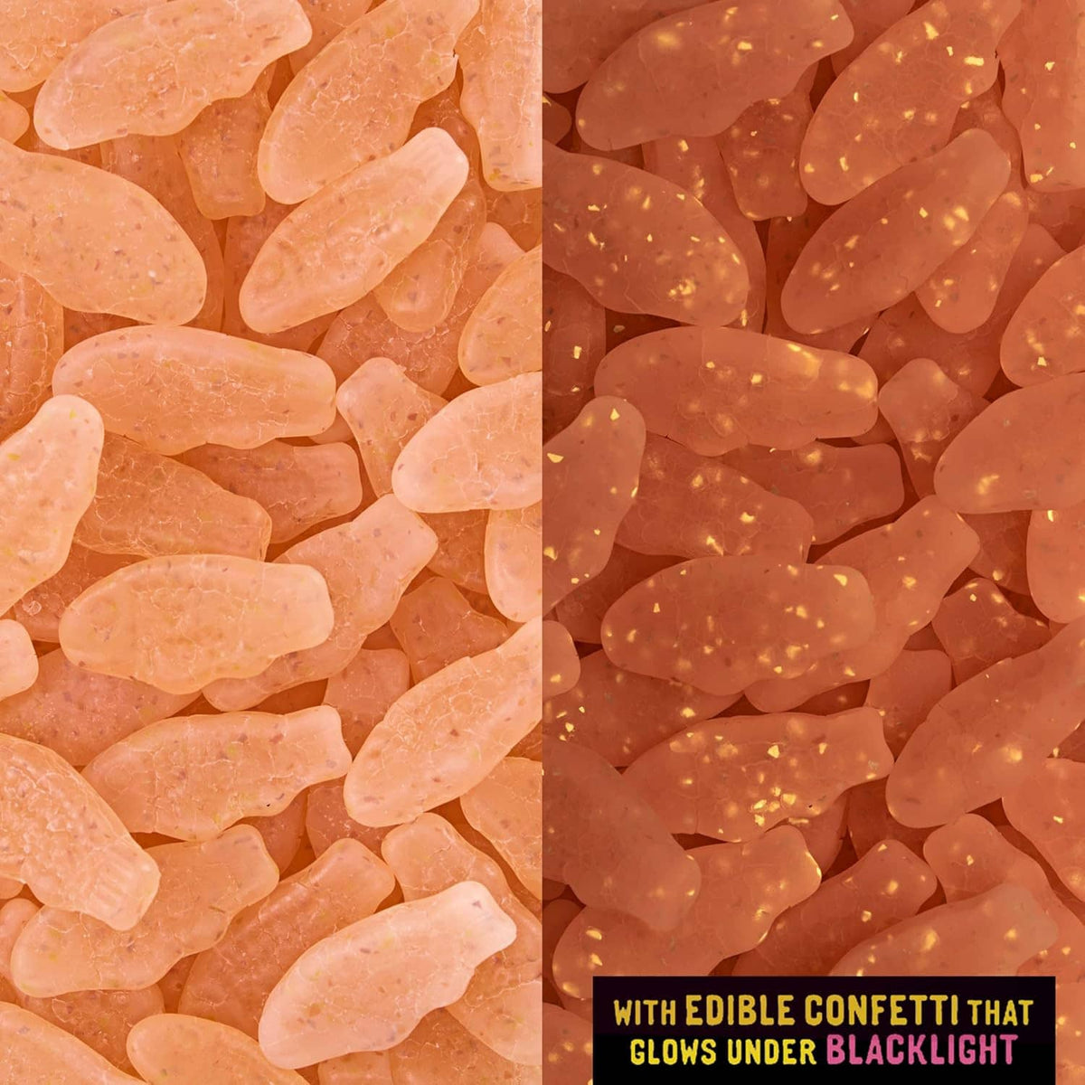 Glowing-under-blacklight gummy candy pieces with edible confetti, close-up