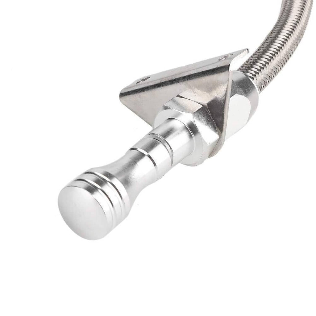 Stainless dipstick handle with rectangular mounting base and braided hose