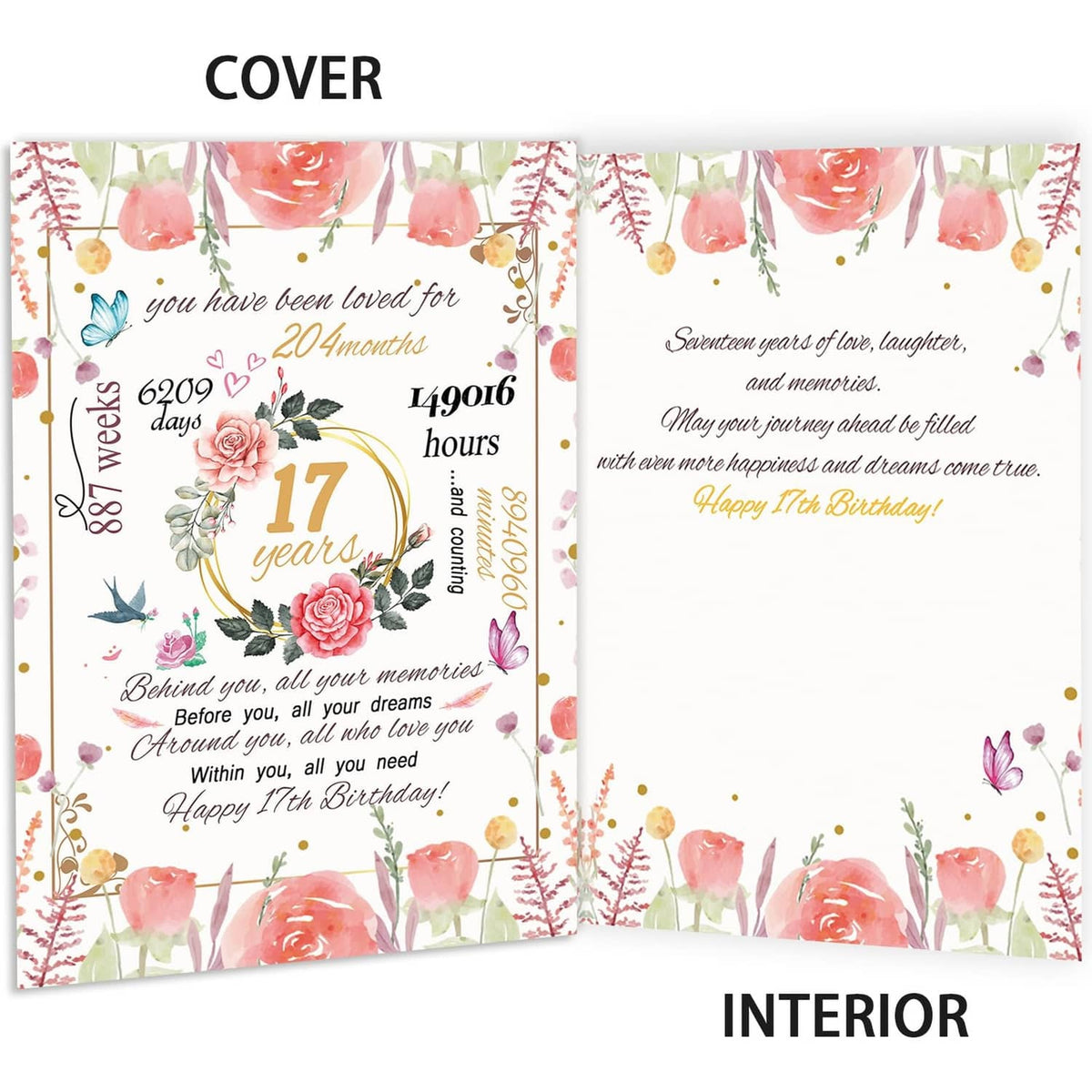 Folded 17th birthday card, floral cover with inside message layout