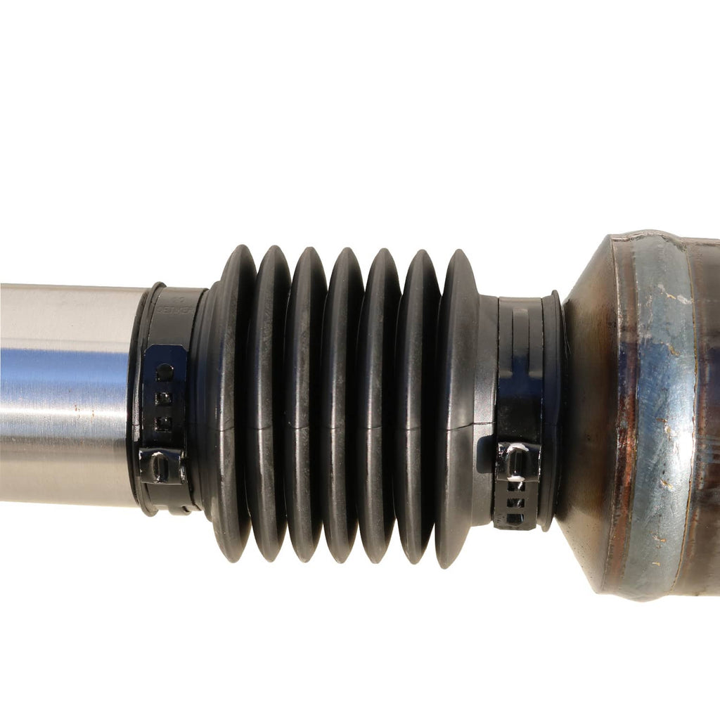 Rear drive shaft assembly close-up of accordion rubber boot and metal collar