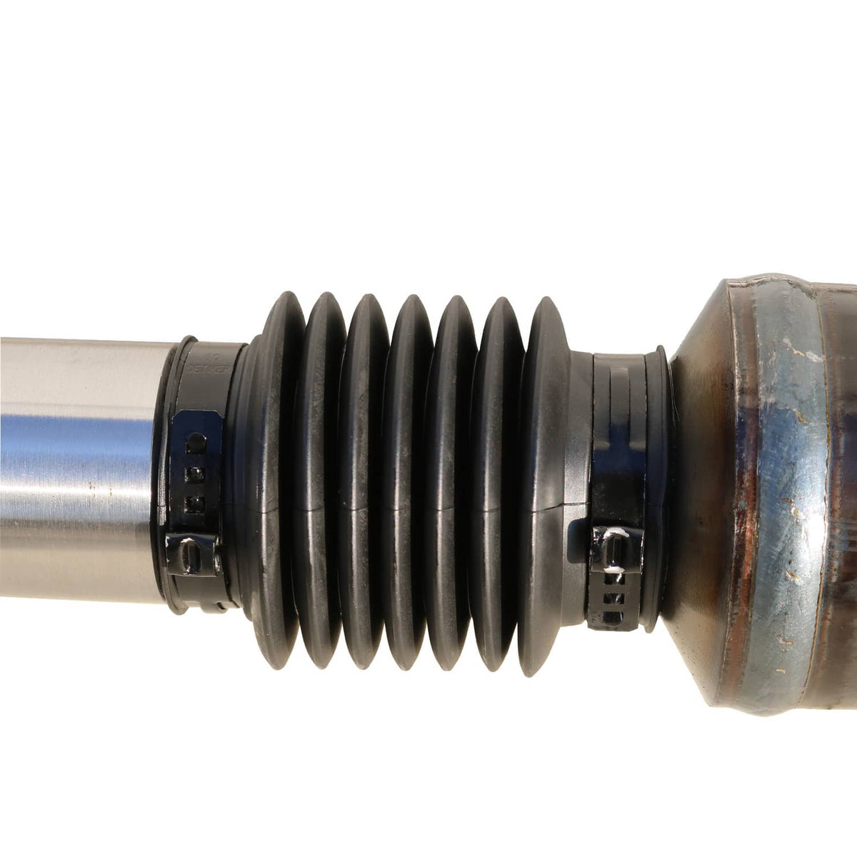 Rear drive shaft assembly close-up of accordion rubber boot and metal collar