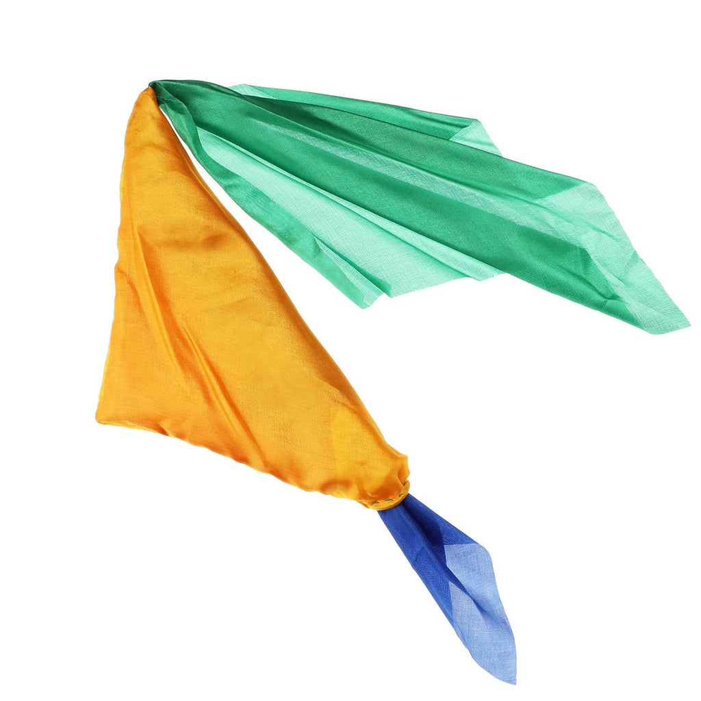 Folded silk scarf prop with yellow and green layers, blue tip