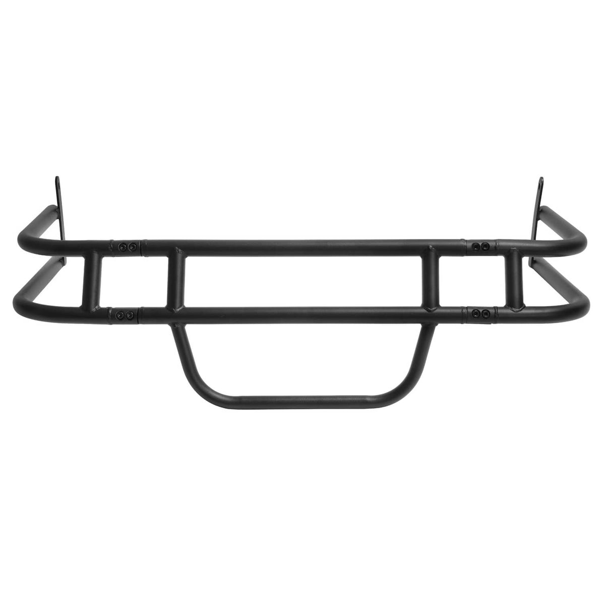 Black tubular brush guard bumper grille with center mesh and end mounting points
