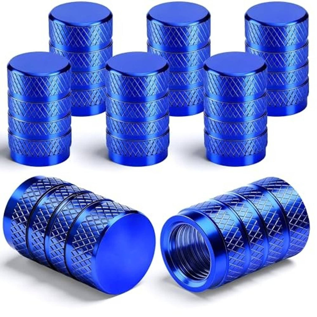 Blue tire valve stem caps, anodized aluminum, knurled diamond texture, universal set
