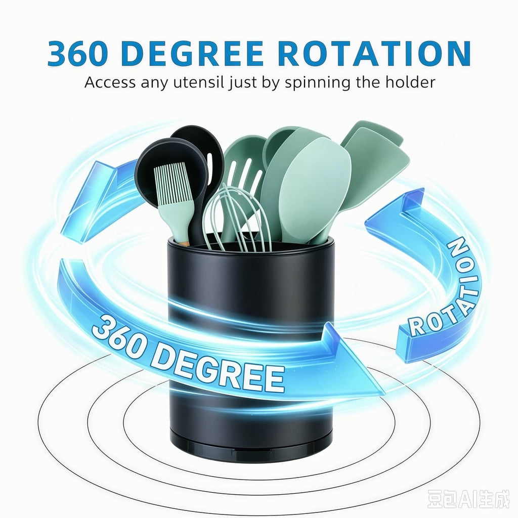 Black 360-degree rotating utensil holder with mint silicone utensils inside
