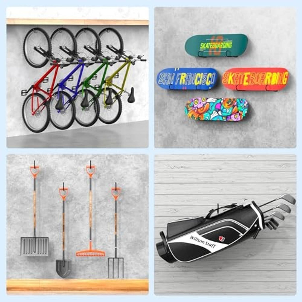 Black bike hooks for wall storage with bicycles and skateboards.