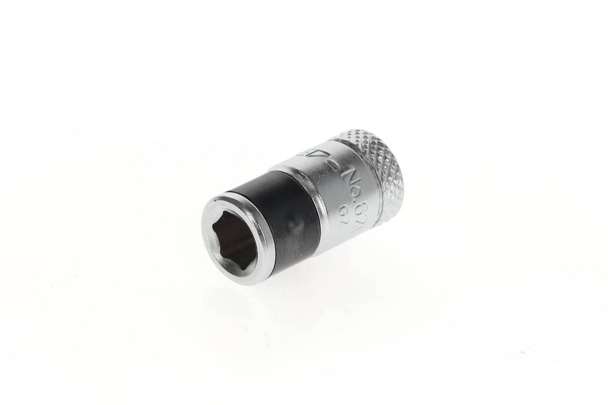Metal 1/4-in square-to-hex bit adaptor, showing socket opening at the front