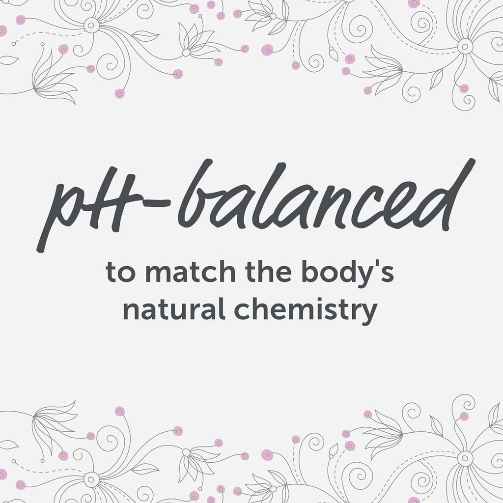 pH-balanced formula text to match natural body chemistry on floral background
