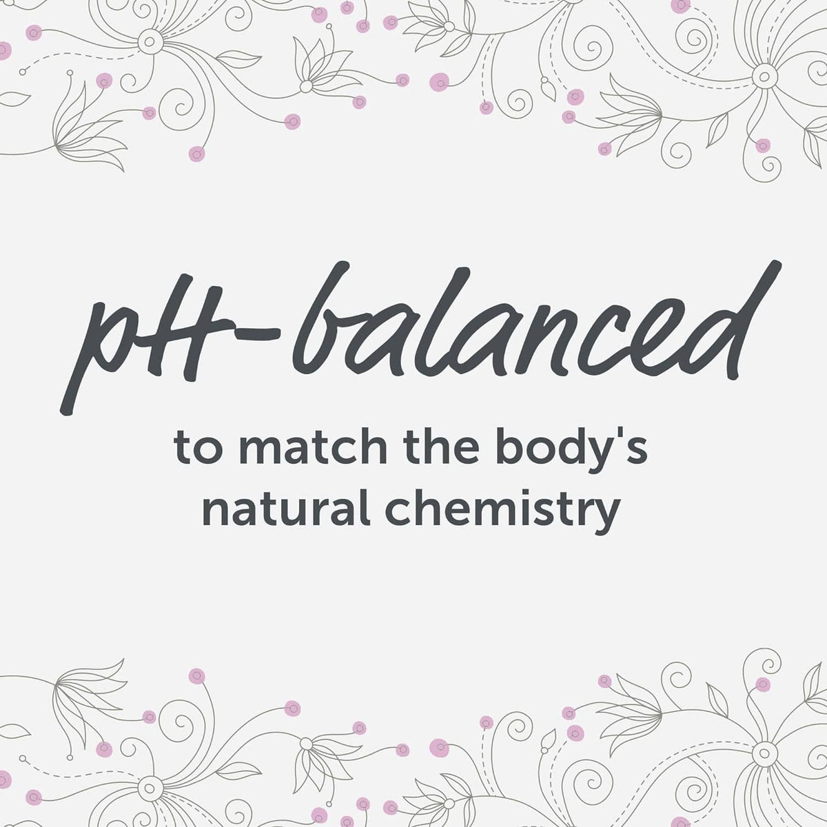 pH-balanced formula text to match natural body chemistry on floral background