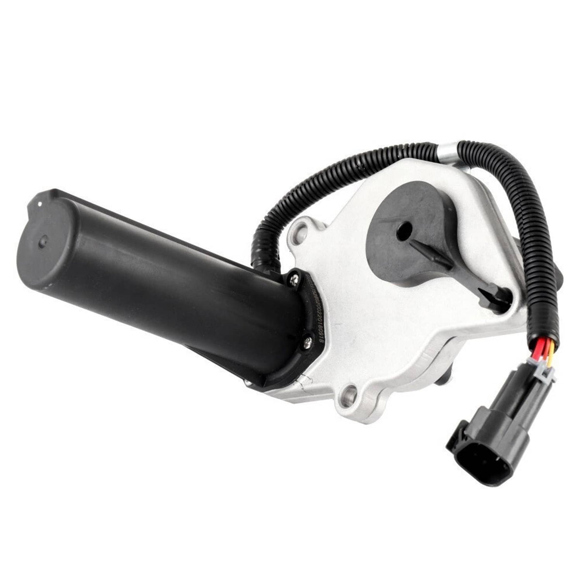 Transfer case shift motor actuator with black cylindrical housing and electrical plugs
