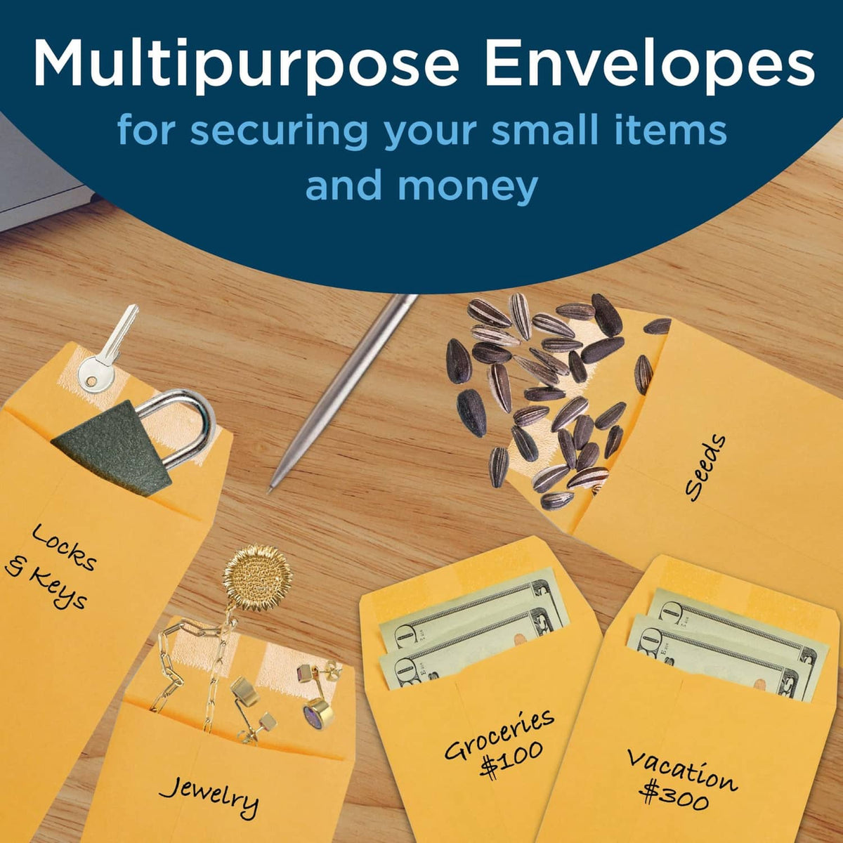 Brown multipurpose paper envelopes with gummed flaps for small items and cash