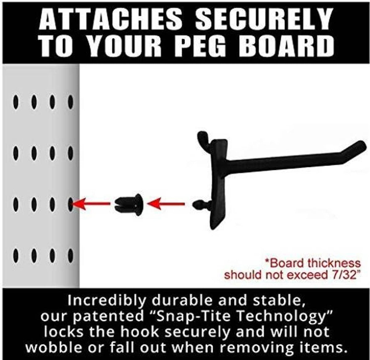 Black J-hook securely mounted on a pegboard with insertion pins shown