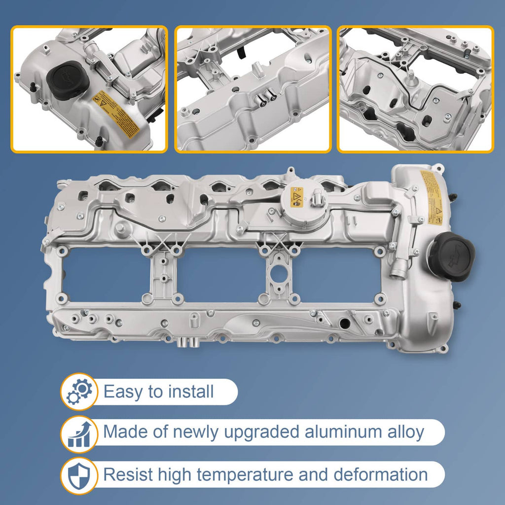 Light gray aluminum valve cover with oil cap, shown from multiple angles