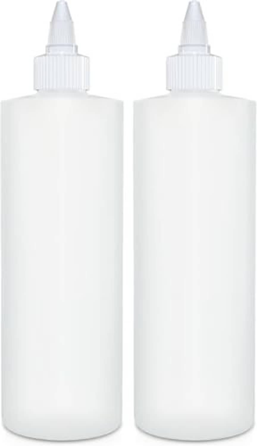 Pair of white 16 oz empty condiment squeeze bottles with pointed nozzle caps