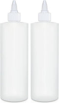 Pair of white 16 oz empty condiment squeeze bottles with pointed nozzle caps