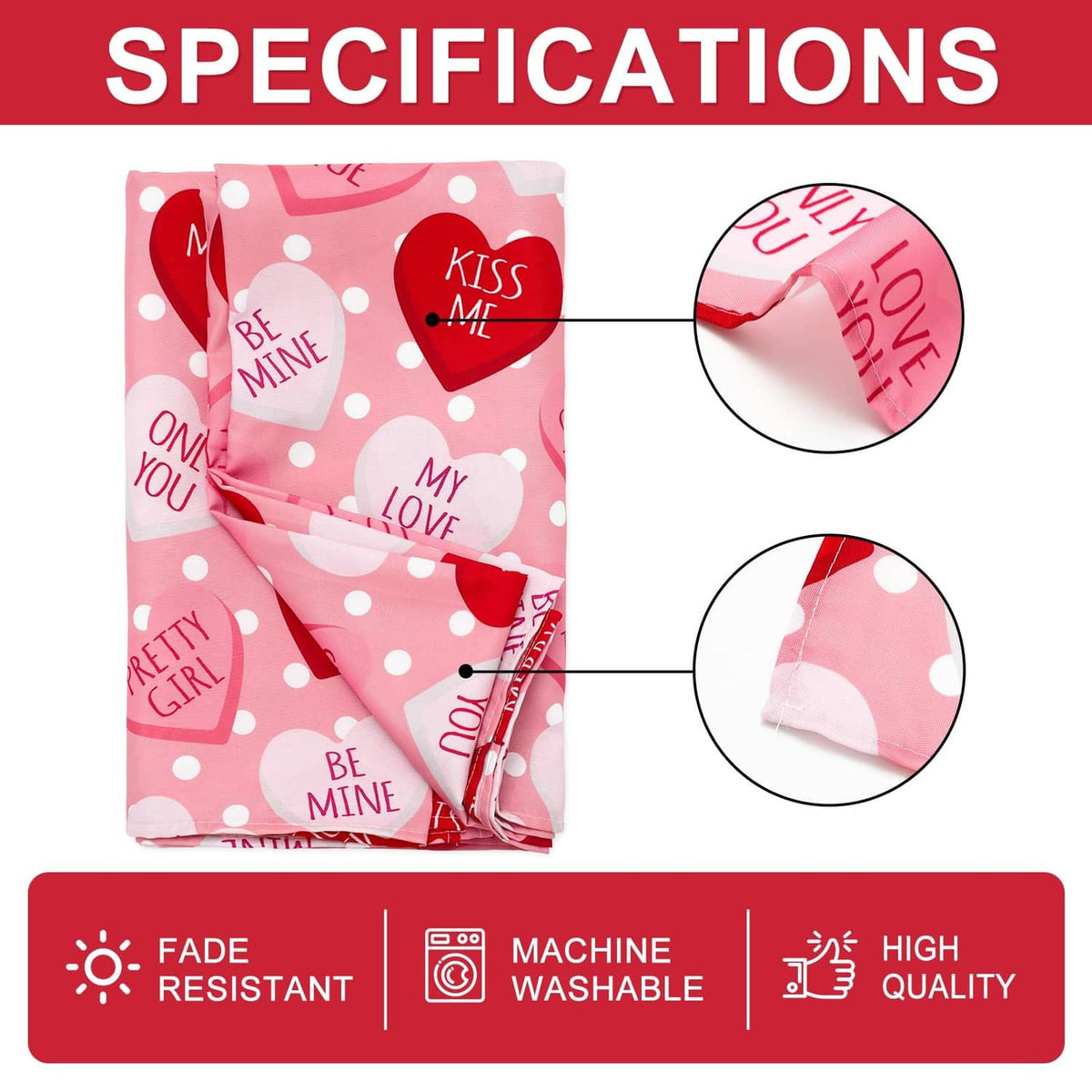 Pink tablecloth product close-up with heart pattern and folded edge detail