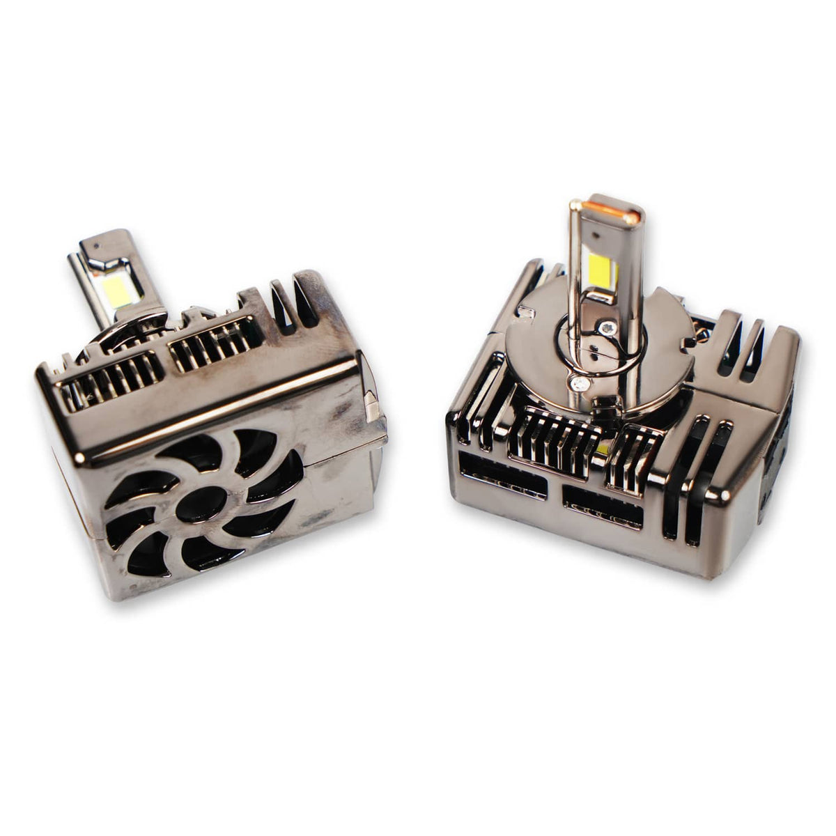 LED headlight bulb pair, silver metal housing with black heatsink and yellow LED chip