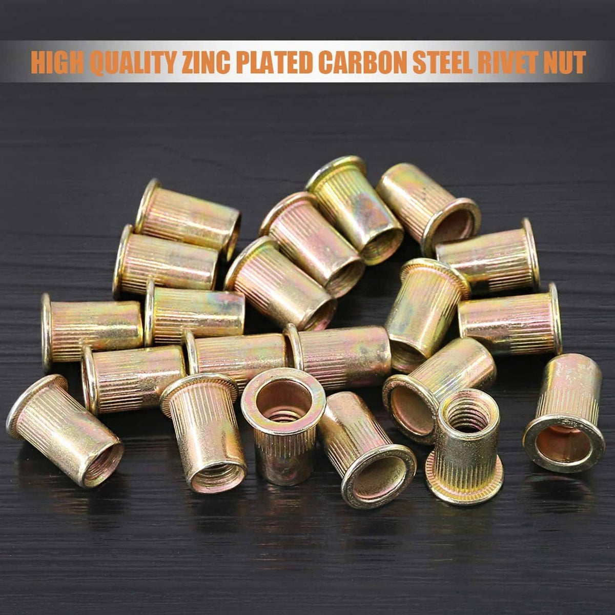 Zinc-plated carbon steel rivet nuts, yellow-gold finish, assorted M8 pieces (100 count)